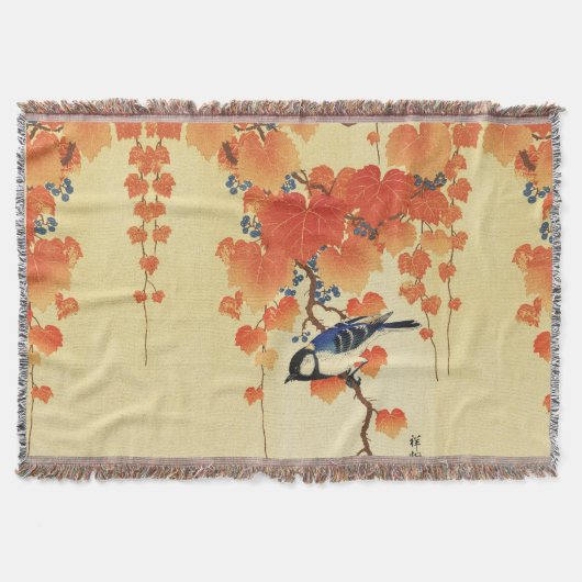 ブルーティットバード、パウロニアブランチ、レッド紅葉 スローブランケット (正面)