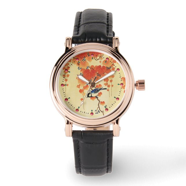 ブルーティットバード、パウロニアブランチ、レッド紅葉 腕時計 (正面)