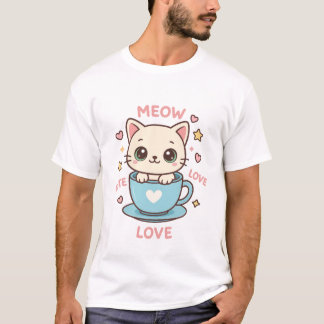 ブルーティーカップのかわいいキティちゃん - ニャンニャンラブ Tシャツ