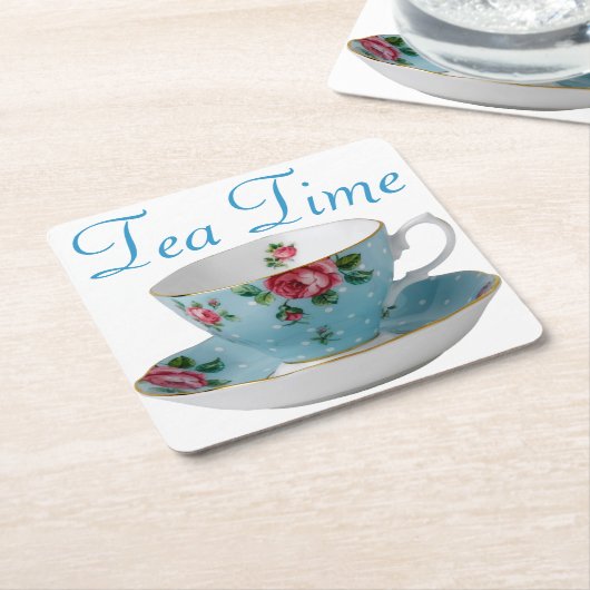 ブルーティーカップティータイム  スクエアペーパーコースター (アングル)