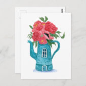 ブルーティーポットハウス赤い花はがき ポストカード (正面/裏面)