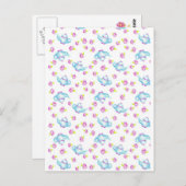 ブルーティーポットピンクローズブロッサムフラワーイラストレーション ポストカード (正面/裏面)