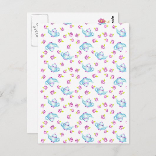 ブルーティーポットピンクローズブロッサムフラワーイラストレーション ポストカード (正面/裏面)