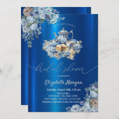 ブルーティーポットフローラブルーメタリックベビーシャワー 招待状 (正面/裏面)