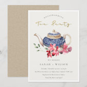 ブルーティーポットフローラ引っ越し祝いパーティーティーパーティー招待状 サンキューカード (正面/裏面)