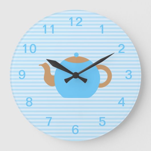 ブルーティーポット写真オンストライプブルー。 ラージ壁時計 (正面)