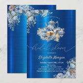 ブルーティーポット フラワル ブルーメタリック ベビーシャワー 招待状 (正面/裏面)