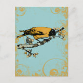 ブルーティール（緑がかった色）とゴールデンイエローヴィンテージバード ポストカード (正面)