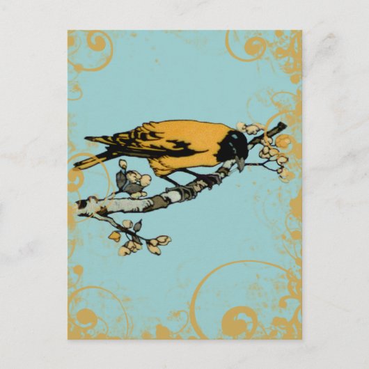 ブルーティール（緑がかった色）とゴールデンイエローヴィンテージバード ポストカード (正面)