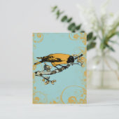 ブルーティール（緑がかった色）とゴールデンイエローヴィンテージバード ポストカード (スタンド正面)