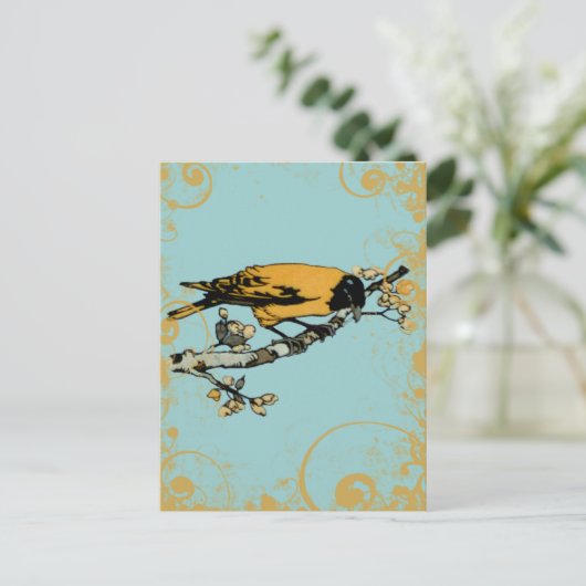 ブルーティール（緑がかった色）とゴールデンイエローヴィンテージバード ポストカード (スタンド正面)