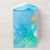 ブルーティール(緑がかった色)と金ゴールドアルコールイン結婚クス オールインワン招待状 (外側)