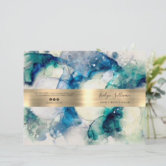 ブルーティール(緑がかった色)の水彩サービスメニューパンフレット (スタンド正面)