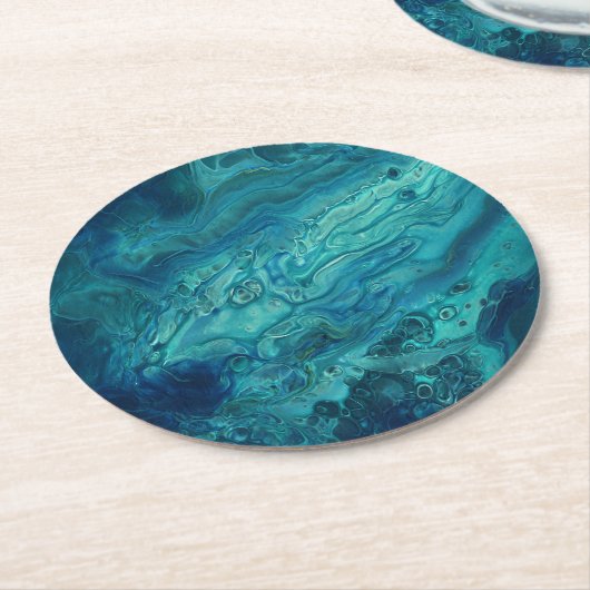 ブルーティール（緑がかった色）アクリル注出抽象芸術流体アート  ラウンドペーパーコースター (アングル)