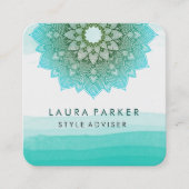 ブルーティール（緑がかった色）ウォーターカラーロータスフローラ曼荼羅ヨガ スクエア名刺 (正面)