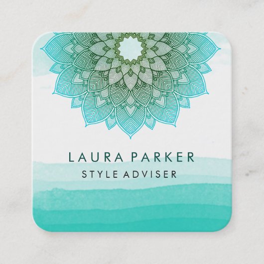 ブルーティール(緑がかった色)ウォーターカラーロータスフローラ曼荼羅ヨガ スクエア名刺 (正面)