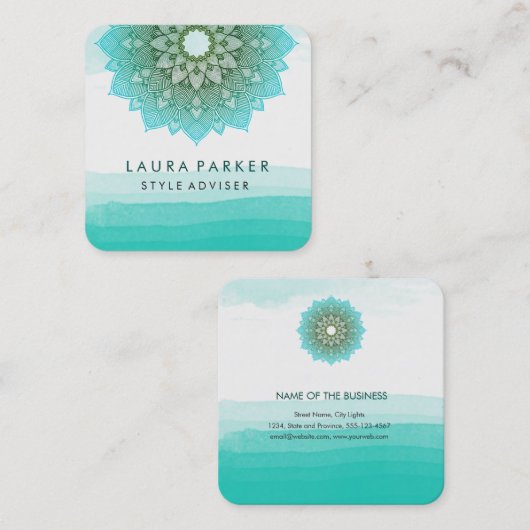 ブルーティール（緑がかった色）ウォーターカラーロータスフローラ曼荼羅ヨガ スクエア名刺 (正面/裏面)