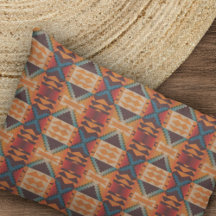 ブルーティール（緑がかった色）オレンジブラウンレッドトライバルアートパターン