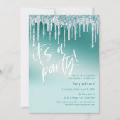 ブルーティール（緑がかった色）グリッターサプライズ50thバースデーパーティー 招待状 (正面)