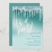 ブルーティール（緑がかった色）グリッターサプライズ50thバースデーパーティー 招待状 (正面/裏面)