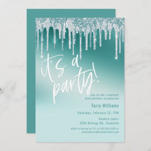 ブルーティール（緑がかった色）グリッターサプライズ50thバースデーパーティー 招待状 (正面/裏面)