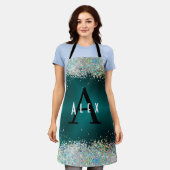 ブルーティール(緑がかった色)グリッターモノグラムあなたの名前を追加+イニシャル エプロン (着用した状態)