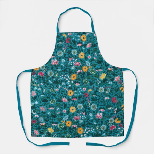ブルーティール(緑がかった色)グリーンレッドピンクイエローフローラルパターン エプロン (正面)