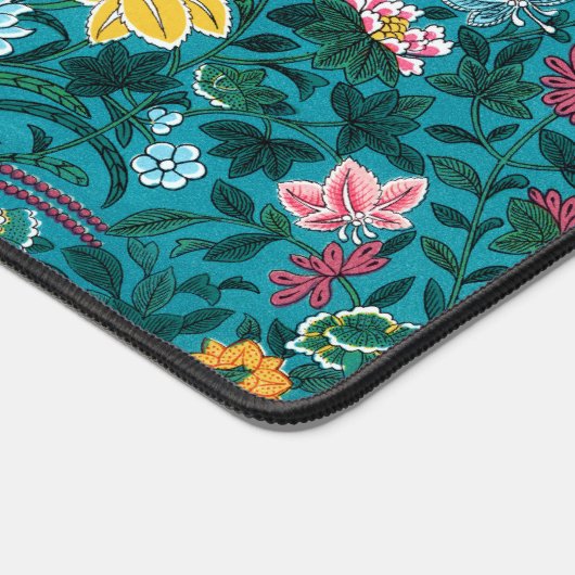 ブルーティール（緑がかった色）グリーンレッドピンクイエローフローラルパターン デスクマット (コーナー)