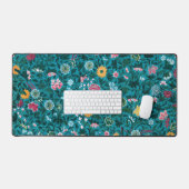ブルーティール（緑がかった色）グリーンレッドピンクイエローフローラルパターン デスクマット (キーボード&マウス)