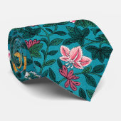 ブルーティール(緑がかった色)グリーンレッドピンクイエローフローラルパターン ネクタイ (ロール)