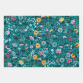 ブルーティール（緑がかった色）グリーンレッドピンクイエローフローラルパターン ラッピングペーパーシート (正面3)