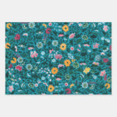 ブルーティール（緑がかった色）グリーンレッドピンクイエローフローラルパターン ラッピングペーパーシート (正面2)