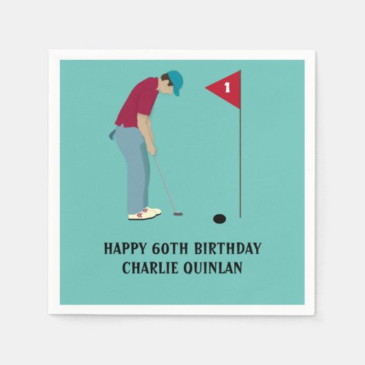 ブルーティール（緑がかった色）ゴルファーをテーマにしたナプキン スタンダードカクテルナプキン (正面)