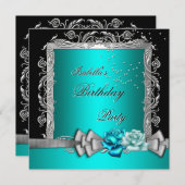 ブルーティール(緑がかった色)シルバーフローラバラバースデーパーティー 招待状 (正面/裏面)