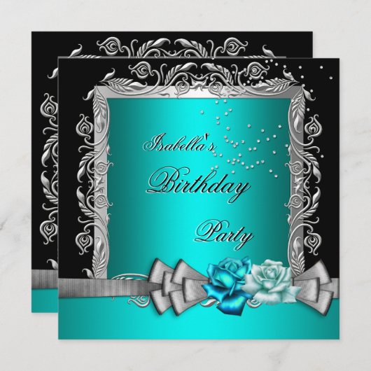 ブルーティール(緑がかった色)シルバーフローラバラバースデーパーティー 招待状 (正面/裏面)