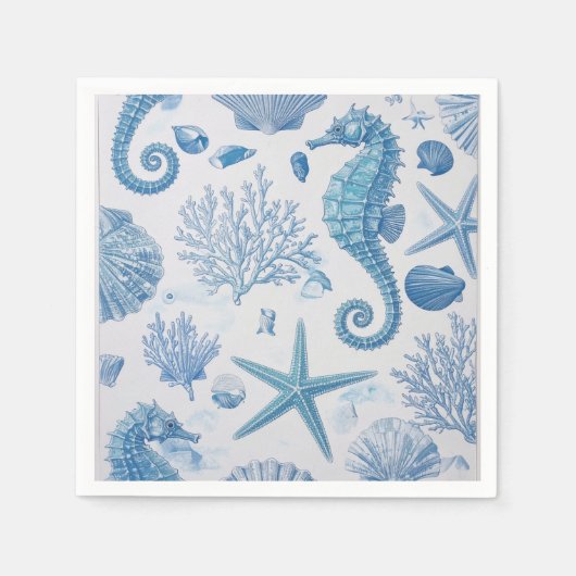 ブルーティール(緑がかった色)シーホースシェルヒトデ海パターン スタンダードカクテルナプキン (正面)