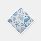 ブルーティール(緑がかった色)シーホースシェルヒトデ海パターン スタンダードカクテルナプキン (角)