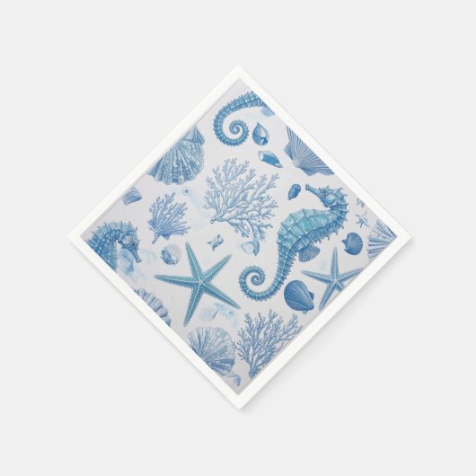 ブルーティール(緑がかった色)シーホースシェルヒトデ海パターン スタンダードカクテルナプキン (角)
