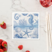 ブルーティール（緑がかった色）シーホースシェルヒトデ海パターン スタンダードカクテルナプキン (インサイチュ)