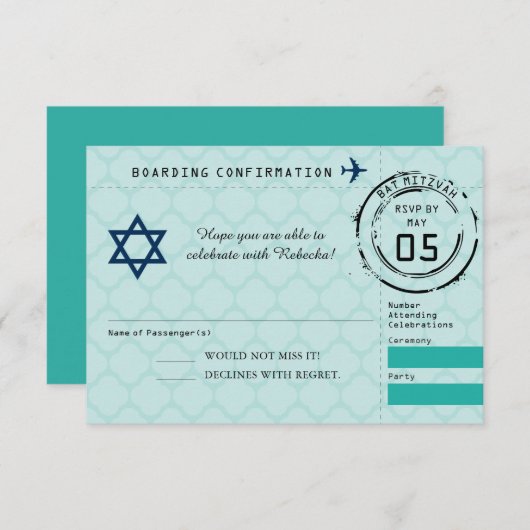 ブルーティール(緑がかった色)スターオブデイビッドバルミツワーパスポート 出欠カード (正面/裏面)