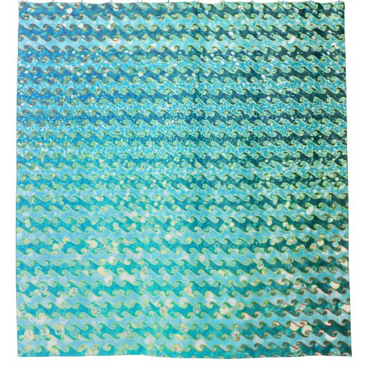 ブルーティール(緑がかった色)スパークル海マーメイドウェーブパターン シャワーカーテン (正面)