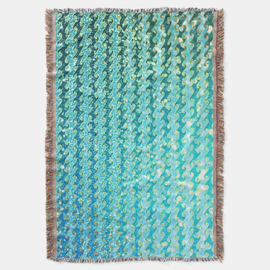ブルーティール(緑がかった色)スパークル海マーメイドウェーブパターン スローブランケット (正面縦)