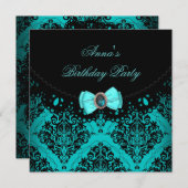 ブルーティール(緑がかった色)ダマスクレースエレガントバースデーパーティー 招待状 (正面/裏面)