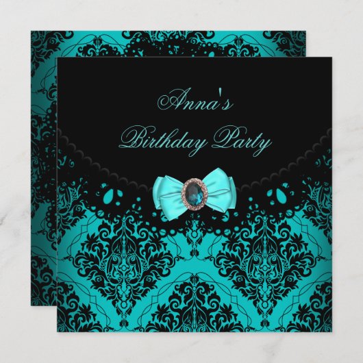 ブルーティール（緑がかった色）ダマスクレースエレガントバースデーパーティー 招待状 (正面/裏面)