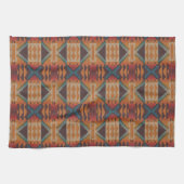 ブルーティール(緑がかった色)ダークブラウンベージュオレンジレッドトライバルアート キッチンタオル (横)