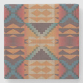 ブルーティール（緑がかった色）ダークブラウンベージュオレンジレッドトライバルアート ストーンコースター (正面)