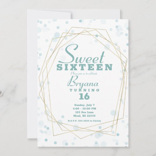 ブルーティール(緑がかった色)ドット&金ゴールドジオメトリックモダンスウィート16 招待状 (正面)