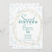 ブルーティール(緑がかった色)ドット&金ゴールドジオメトリックモダンスウィート16 招待状 (正面/裏面)