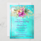 ブルーティール(緑がかった色)ハイビスカスパープルピンクバースデーパーティー 招待状 (正面)