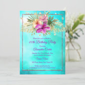 ブルーティール(緑がかった色)ハイビスカスパープルピンクバースデーパーティー 招待状 (スタンド正面)